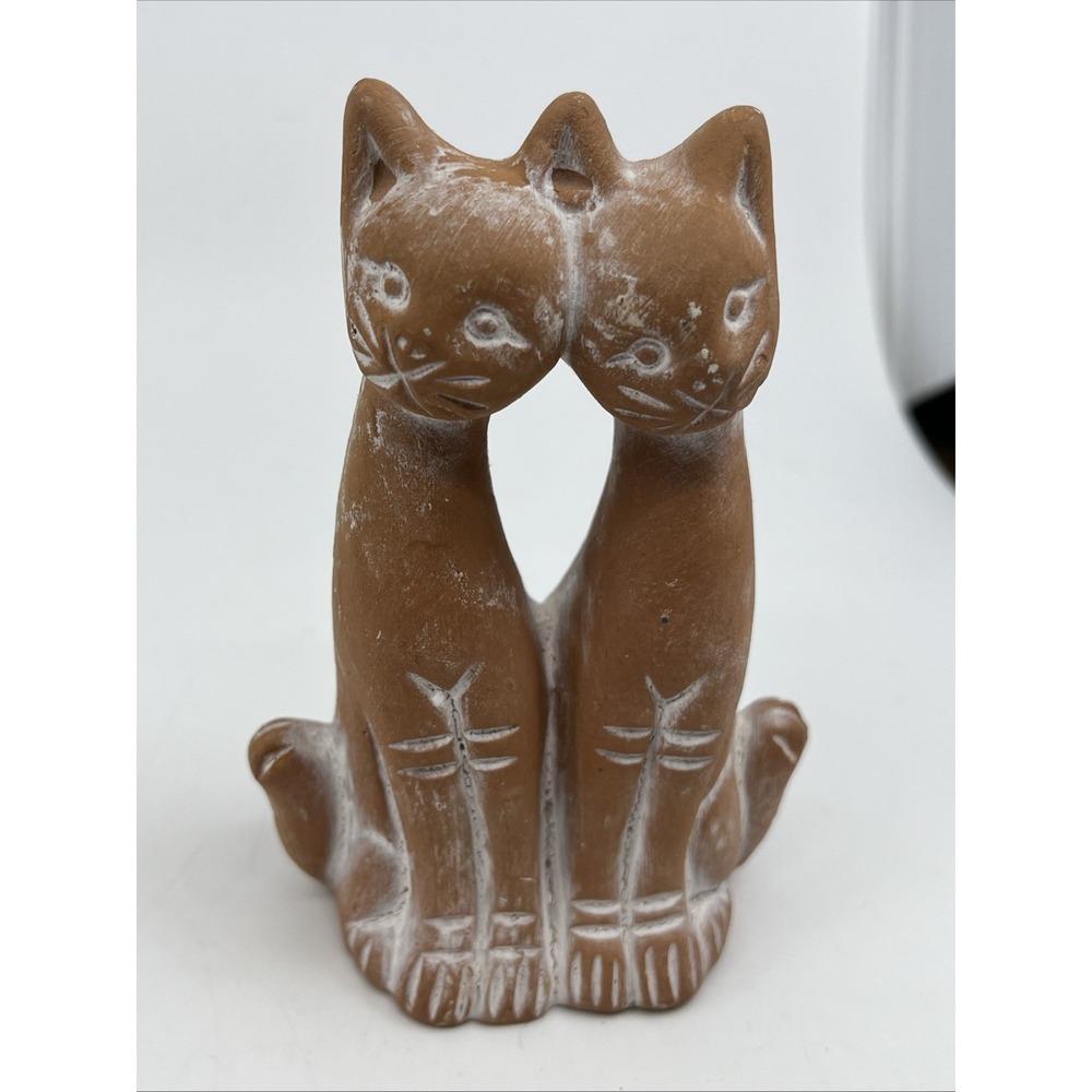 Egyptian Twin Cats Terracotta Sculpture 4" Red‎ Handmade